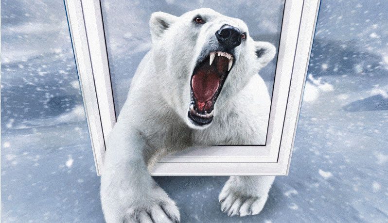 Keylite Window Trade Event splash with polar bear roaring through a window