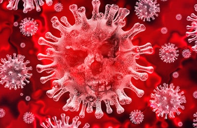 Coronavirus cells with red background