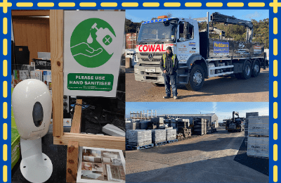 Collage of Dalry depot: hand sanitiser at counter, staff member with truck and supply yard.