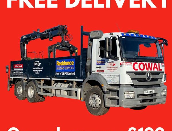 image of truck on red background with text, free delivery on orders over £100