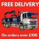 image of truck on red background with text, free delivery on orders over £100