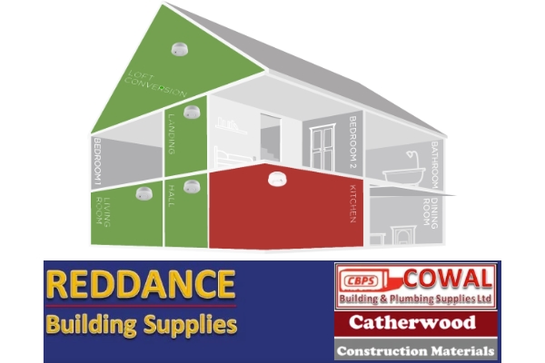 Scottish Fire Regulations 2022, image of two storey house with loft conversion and all rooms labelled. Fire and heat alarms are affixed to the ceilings in the loft conversion, upstairs landing, living room, and kitchen.