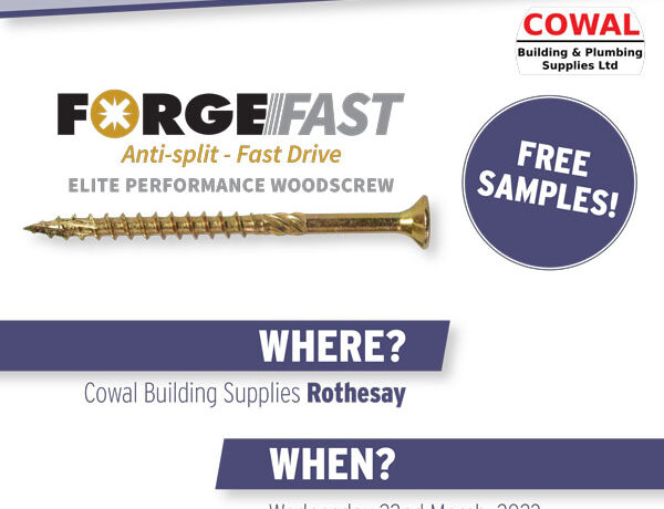 Promo for Forgefix product demonstration day at Cowal Building and Plumbing Rothesay Depot on Wednesday 22nd March 2023 from 10am till 12 noon offering tea, coffee and sandwiches.