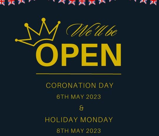 we will be open on Coronation Day - black box with union jack bunting and gold text