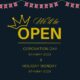 we will be open on Coronation Day - black box with union jack bunting and gold text