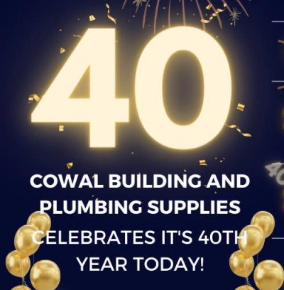 Cowal Building and Plumbing Supplies 40th anniversary image with fireworks and balloons