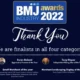 BMJ Industry Awards 2022 - thank you, we are finalists in all four categories. Photo of Ewan Boland for apprentice/trainee of the year and photo of Tony Hayes for independent rising star of the year.