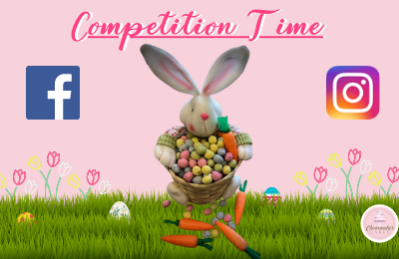 Easter competition time with illustrated image of bunny holding basket of colourful eggs