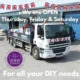 Truck with union jack bunting on image and purple motif for the Queen's platinum jubilee 2022; text reads we are open Thursday, Friday and Saturday for all your DIY needs.