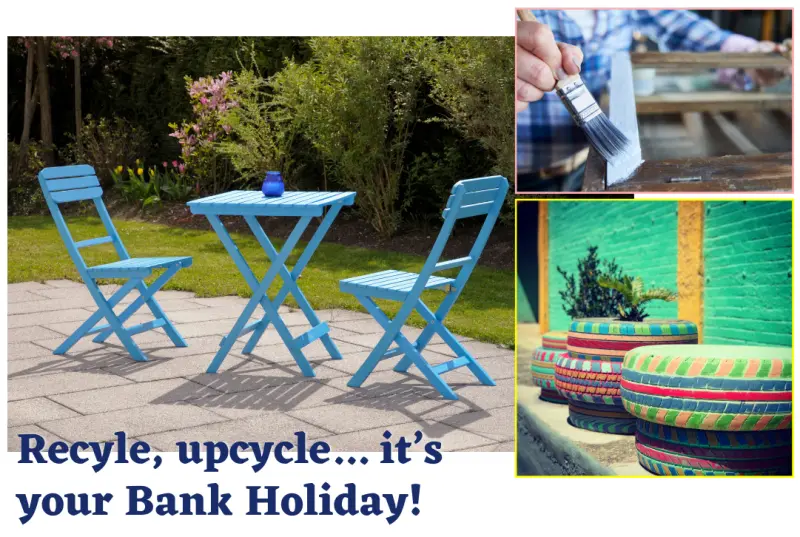 cowal building bank holiday projects for garden - blue wooden garden chairs and table and brightly coloured tyres used as planters