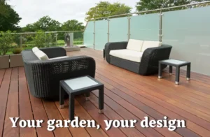 garden decking with glass balustrades and outdoor seats